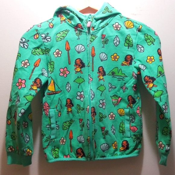 Disney Other - Disney Moana Green Girls Kids Hoodie Zip All Over Prints Sweatshirt 9/10